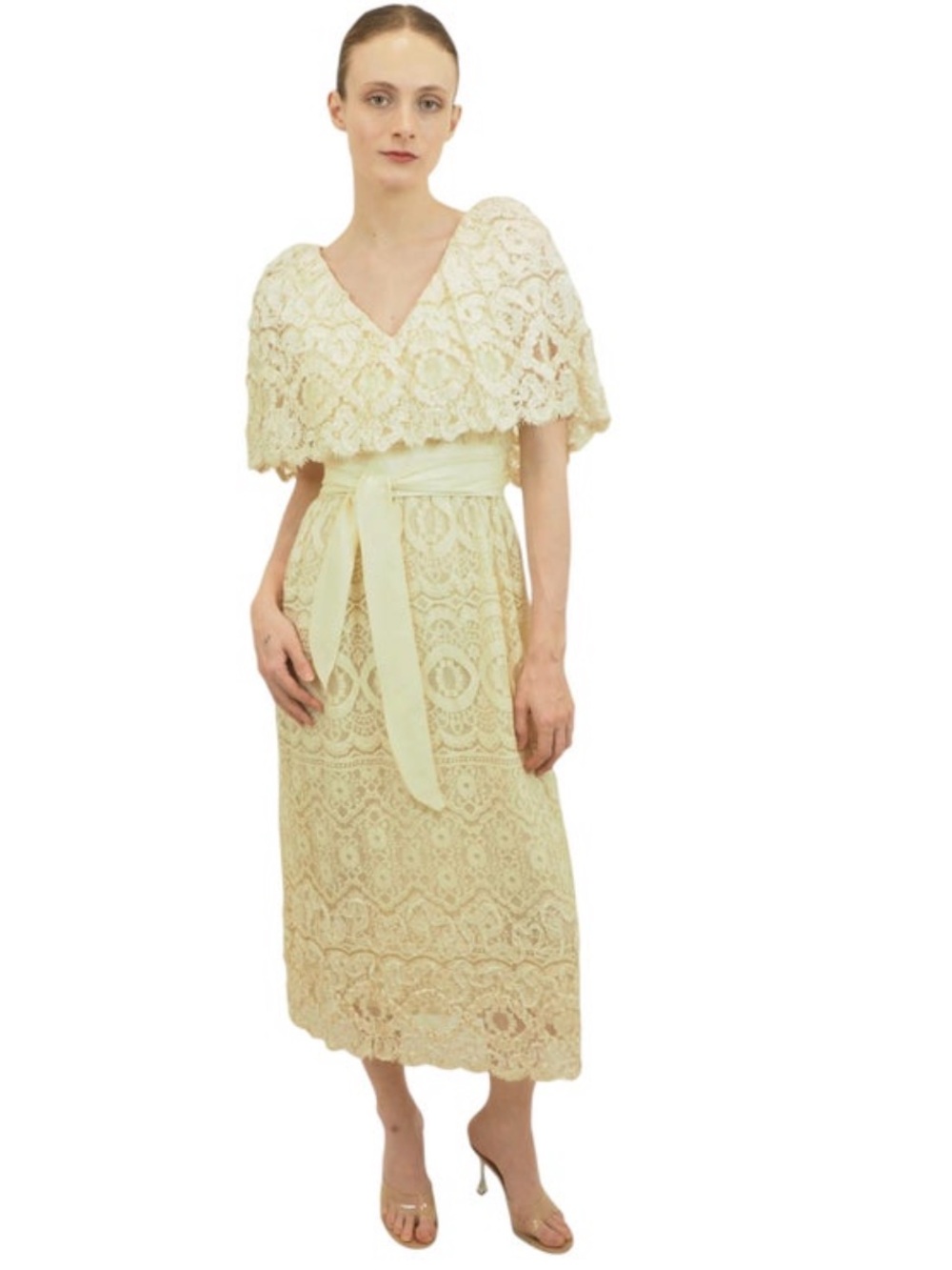 Vintage Morton Myles for Neiman-Marcus Cream Lace Dress With Satin Belt Size S